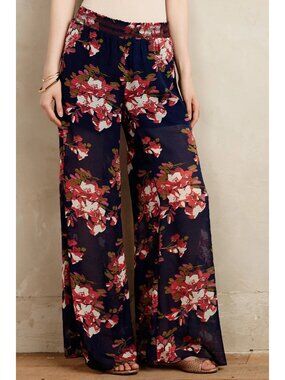 Elevenses Anthropologie Navy Floral Sheer Lined Pull On Wide Leg Pants | Size S